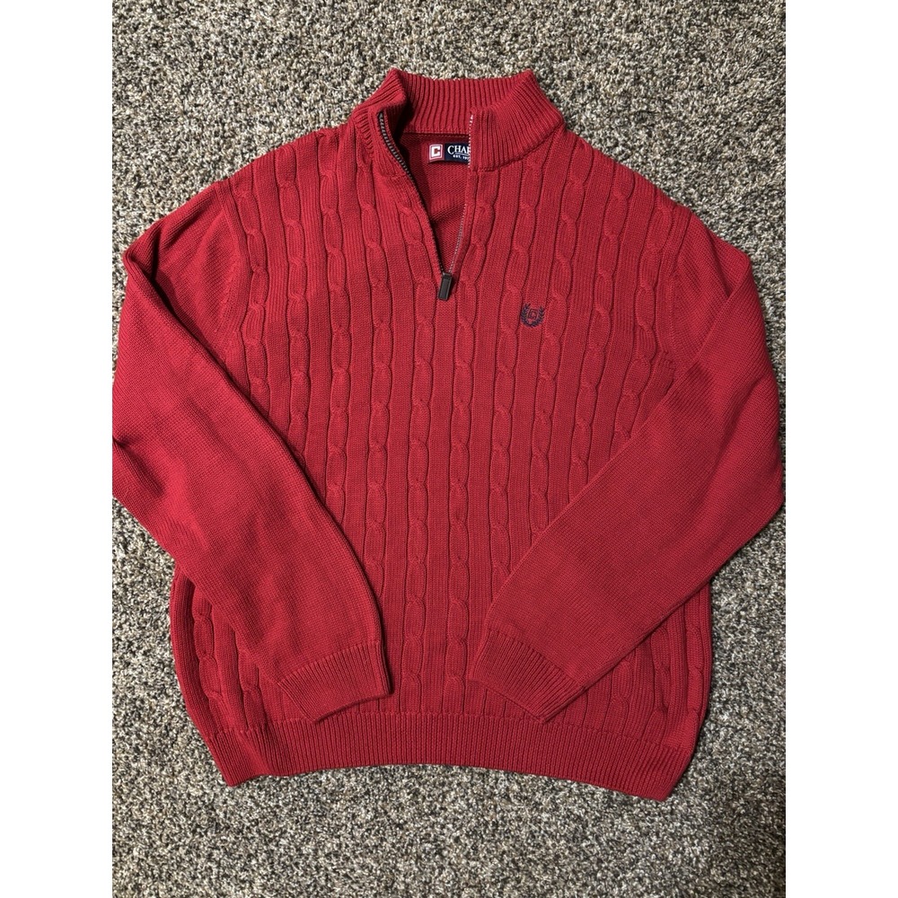 Ralph Lauren Chaps Red 1/4 Zip XL Cable Knit Sweater Fisherman Preppy E15
